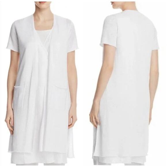 Eileen Fisher Short Sleeve Organic Linen Knit Cardigan White Size Large Cozy NWT - Picture 1 of 11